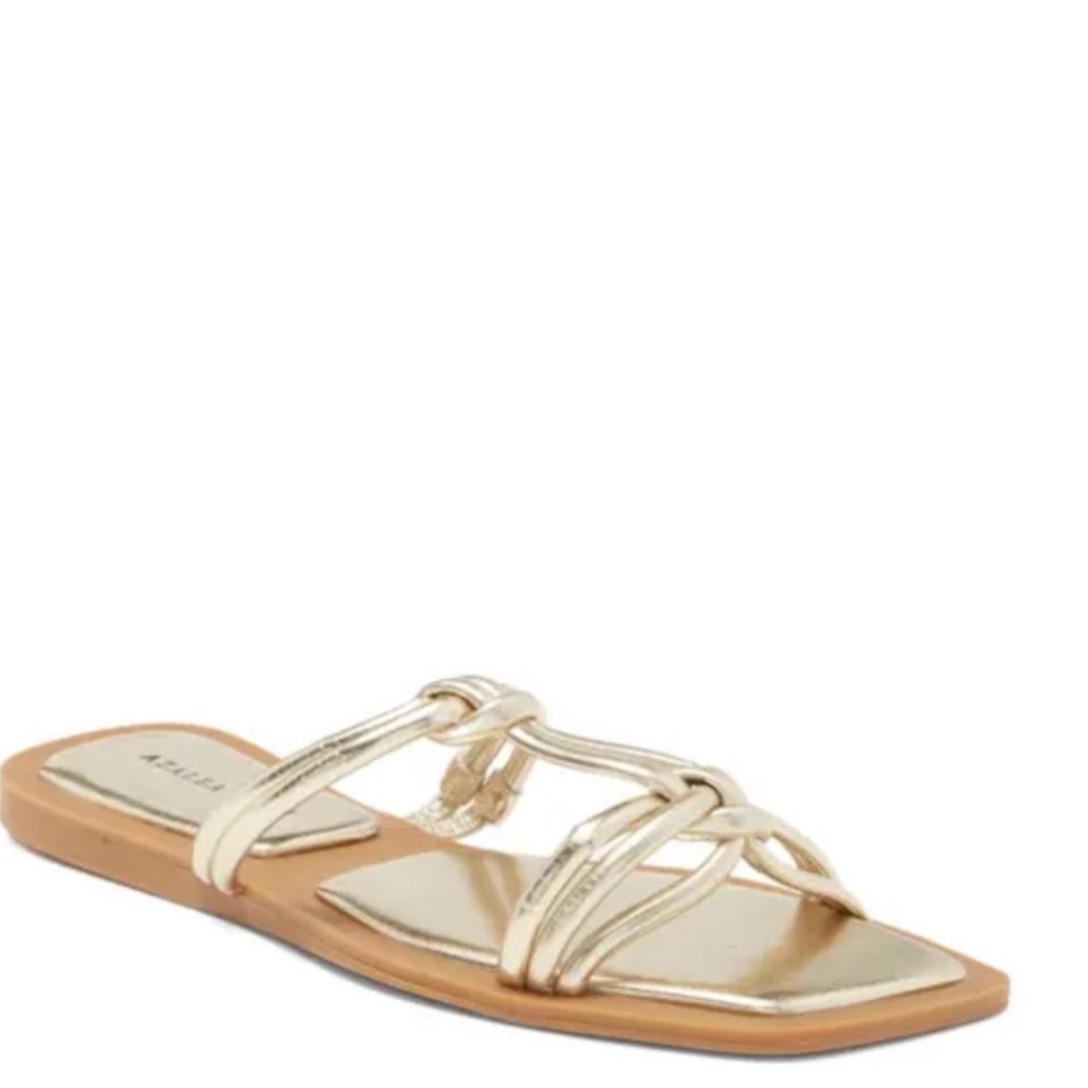 Azalea Wang Gold Slide Sandals Knotted Strap Y2K Vacation Resort Metallic
